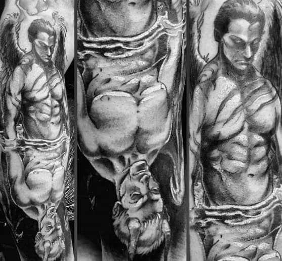Tattoo of a muscular man with a water reflection showing an inverted version of himself, symbolizing duality and inner struggle with intense shading.