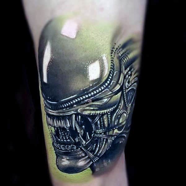 Reflective 3d Alien Male Arm Tattoos
