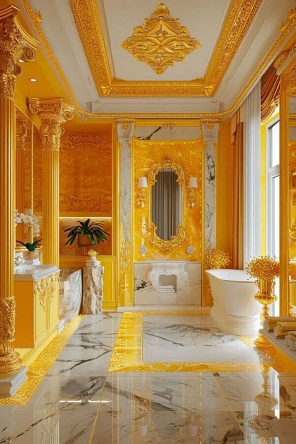 A lavish yellow bathroom with gilded columns, marble floors, and ornate details for a regal statement.