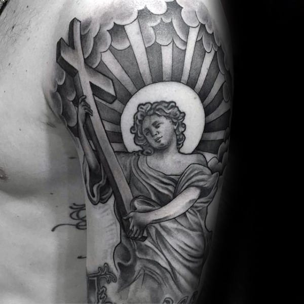 Religious Angel Holding Cross Mens Chicano Tattoos Half Sleeve