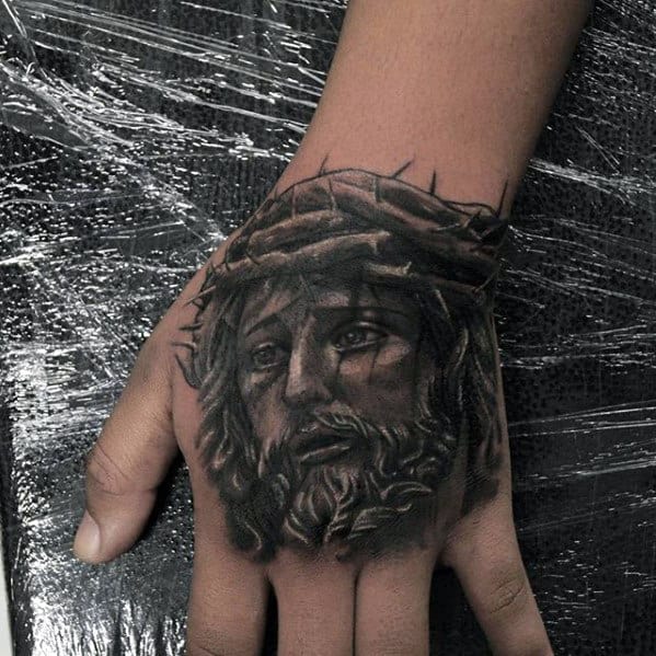 Religious Black And Grey Jesus Hand Tattoo Ideas For Men