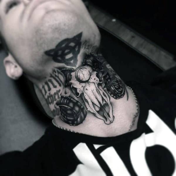 Black and grey throat tattoo featuring a detailed ram skull with grenades on each side, a clock on its forehead, and bold lettering