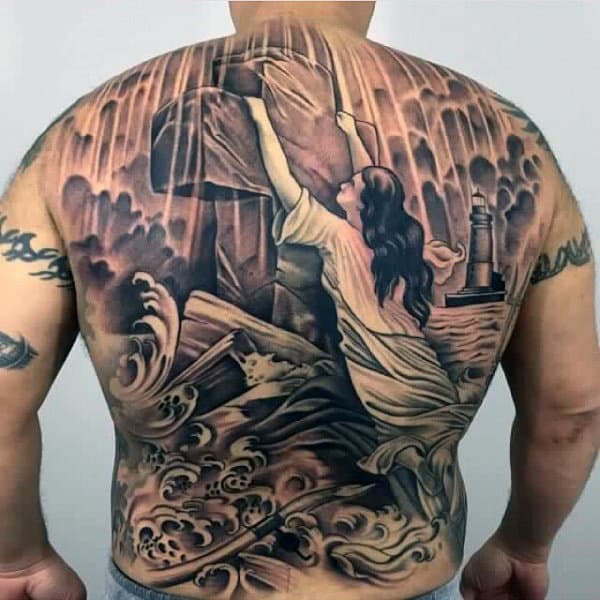 Religious Cross Modern Male Back Tattoo
