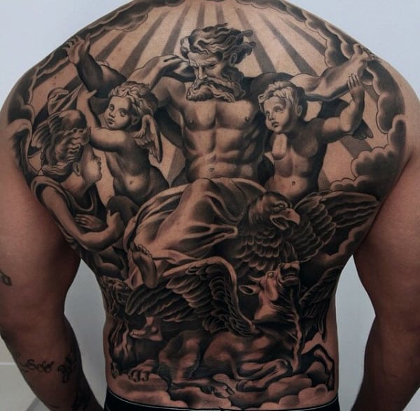 Religious God With Angels Modern Full Back Shaded Black Ink Mens Tattoos