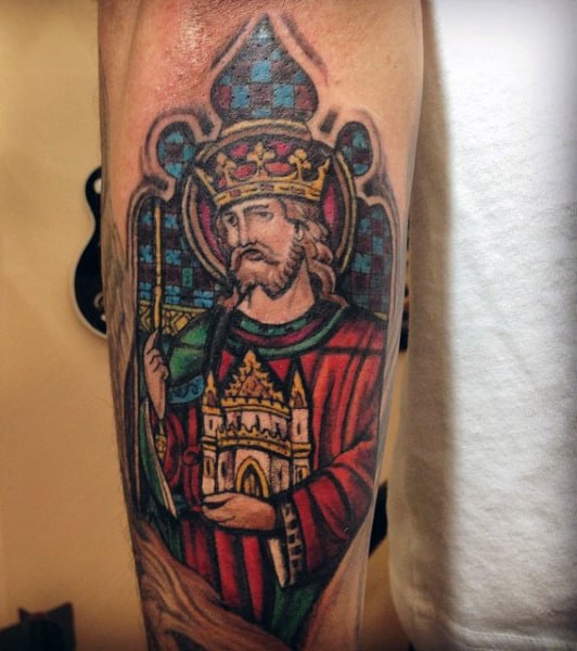 Religious Guys Outer Forearm Stained Glass Tattoo