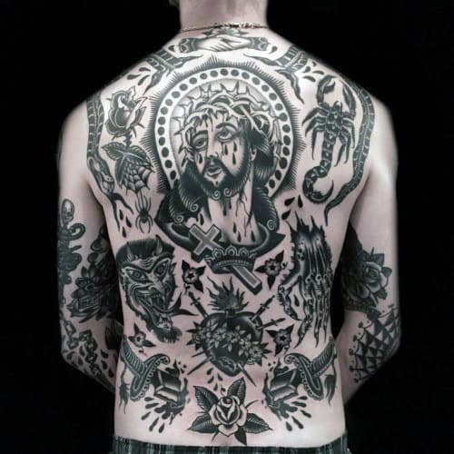Religious Guys Traditional Full Back Tattoos