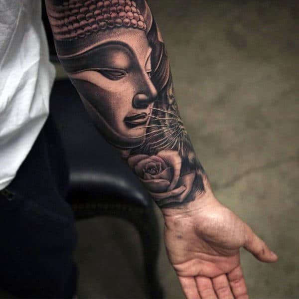 Religious Inner Forearm Rose Tattoo Design Inspiration