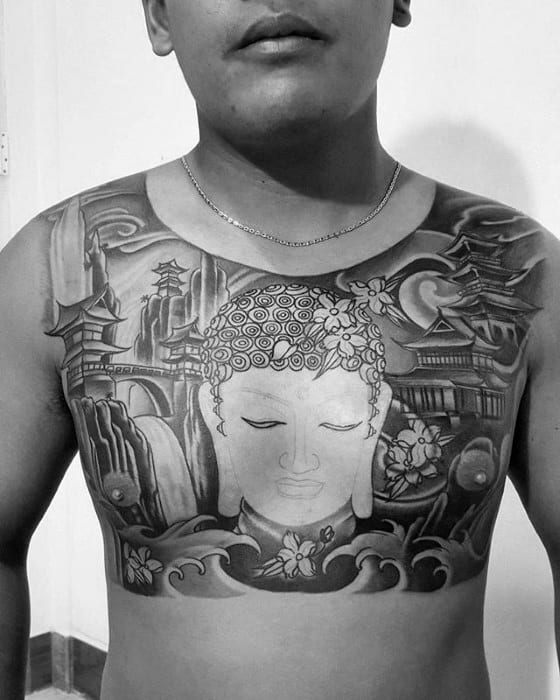 Religious Japanese Temple Guys Upper Chest Tattoos