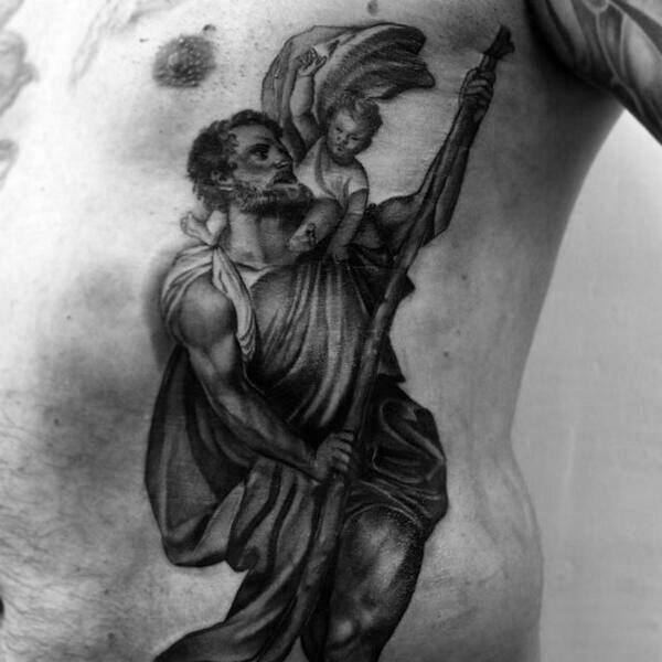 Religious Male Rib Cage Side Tattoo Deisgn Of Saint Christopher