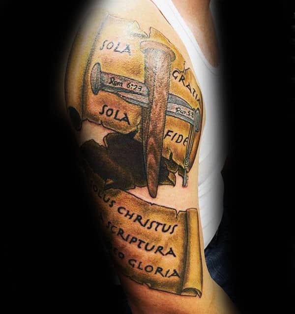 Religious Male Scroll Arm Tattoo Designs