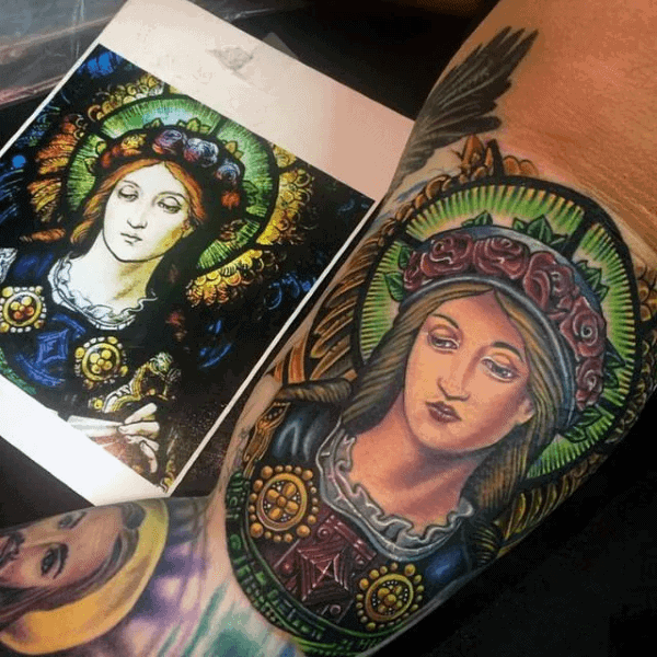 Religious Mens Bicep Stained Glass Tattoo Inspiration