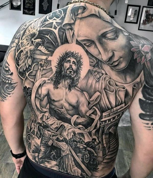 Religious Mens Catholic Jesus And Mary Back Tattoo