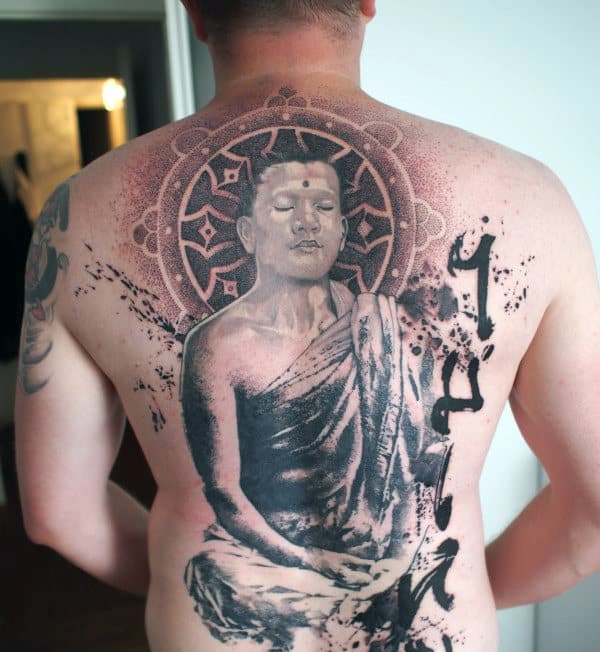 Religious Mens Dharma Wheel Full Back Tattoo With Negative Space Design