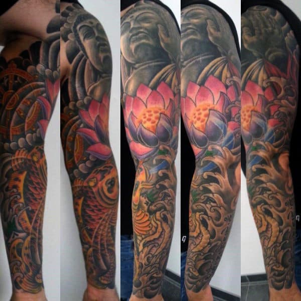 Religious Mens Lotus Flower Sleeve Tattoos