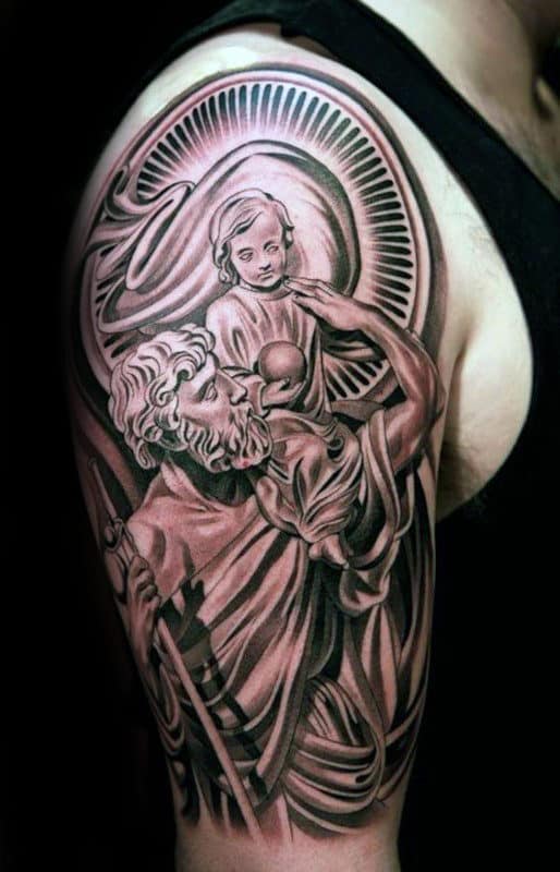 Religious Mens Saint Christopher Half Sleeve Tattoo Design Inspiration