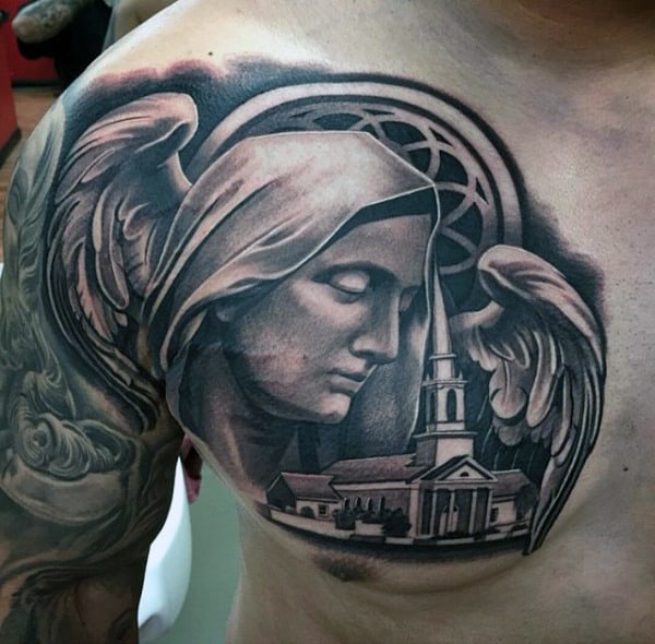 Religious Mother Mary Chruch Mens Black Ink Upper Chest Tattoo