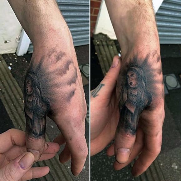 Religious Praying Mother Mary Mens Thumb Tattoos