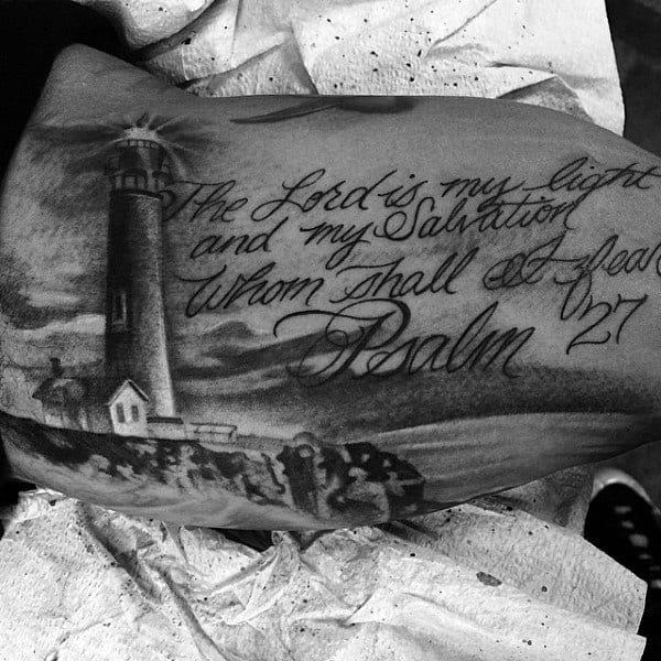 Religious Quote Landscape Mens Lighthouse Shore Tattoo On Arm
