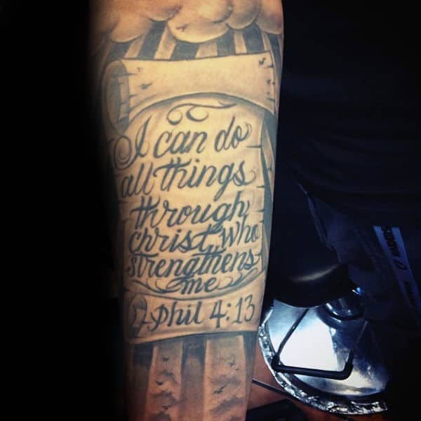 Religious Quote Mens Bible Verse Scroll Forearm Sleeve Tattoos