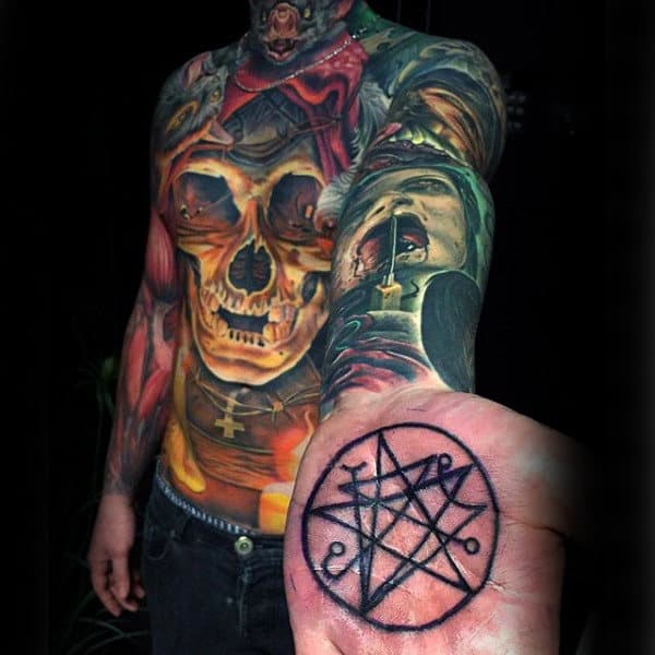 Religious Symbol On Male Hands Tattoo