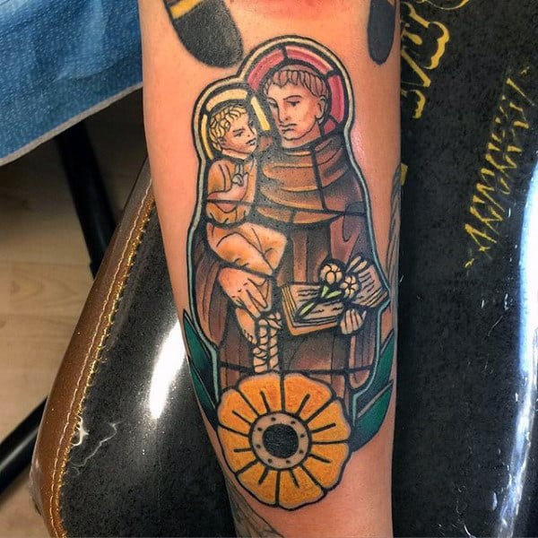 Religious With Yellow Flower Stained Glass Male Forearm Tattoo