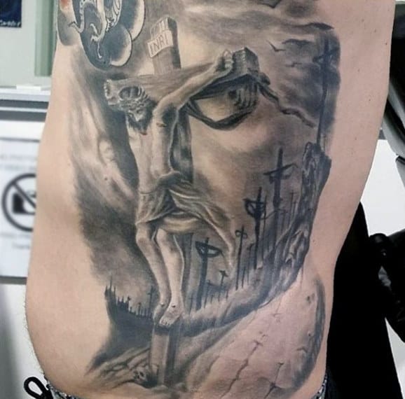 Religous Jesus Face Cross Optical Illusion Rib Cage Side Tattoos