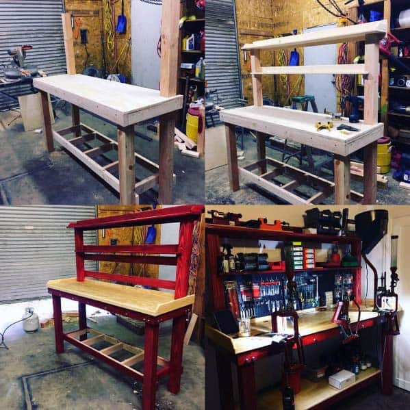 Compact reloading bench with a mounted press, organized tools on pegboards, and shelves stocked with reloading supplies