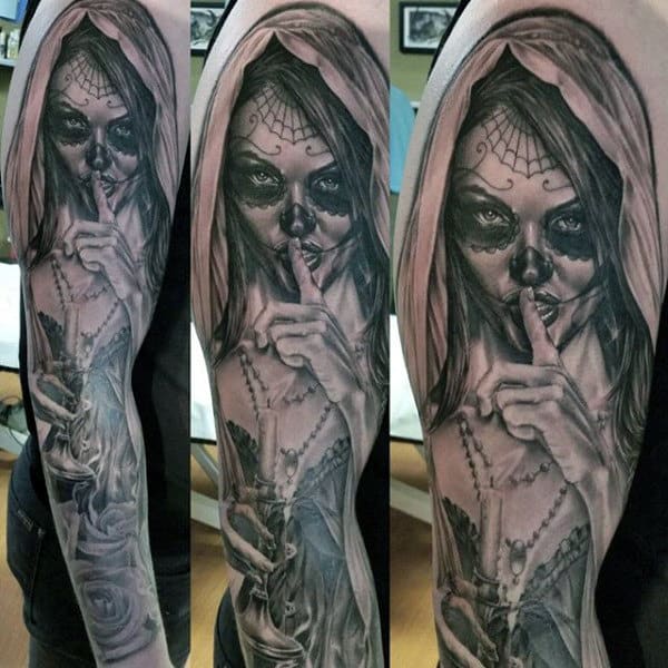Remain Quiet Day Of The Dead Lady Tattoo With Burning Candle Mens Forearms
