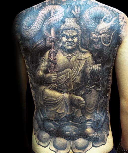 Remarkable 3d Realistic Full Back Fudo Myoo Tattoos For Males