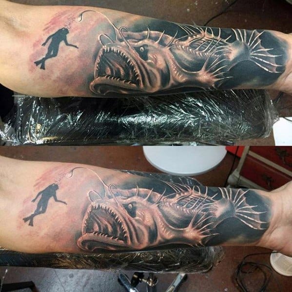 Remarkable Angler Fish With Diver Forearm Sleeve Tattoos For Males