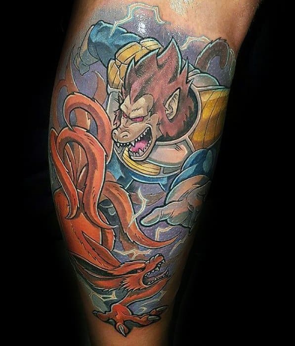 A colorful tattoo depicting Great Ape Vegeta from Dragon Ball Z clashing with Kurama, the Nine-Tails from Naruto, in a dynamic battle scene