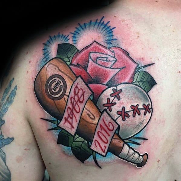 Remarkable Baseball Bat Rose Flower Chicago Cubs Themed Shoulder Blade Back Tattoos For Males