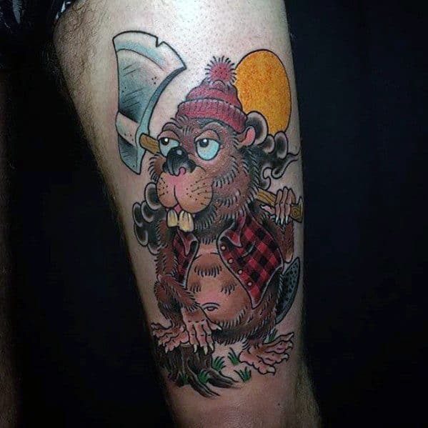 Lumberjack beaver tattoo wearing a red beanie and plaid vest, holding an axe with a sunset and smoky sky in the background.