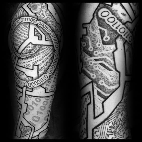 Intricate blackwork tattoo sleeve featuring binary code, circuit patterns, and dotwork shading, merging tech aesthetics with abstract design.