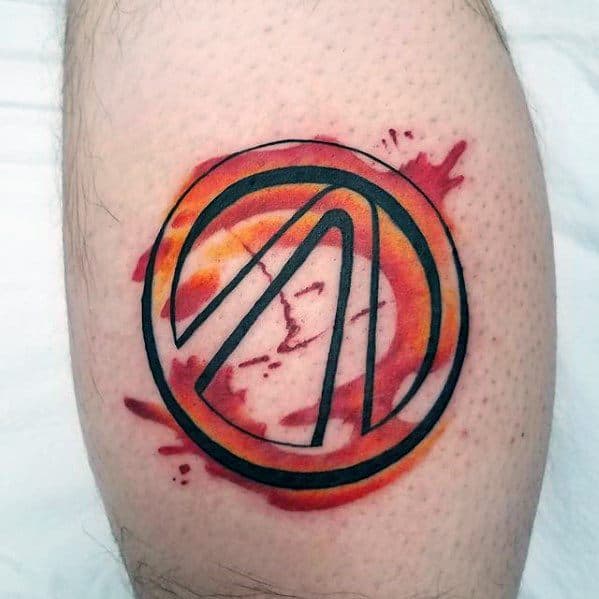 Borderlands logo tattoo with bold black outlines and a fiery red-orange watercolor splash for a dynamic, painted effect.