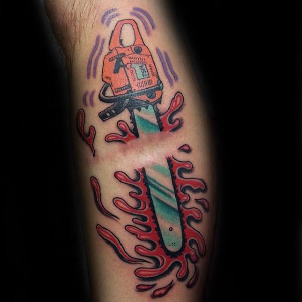 Creative chainsaw tattoo with an orange saw slicing through a scar, surrounded by red and purple flames for a dynamic, surreal look.