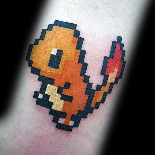 8-bit pixel Charmander tattoo with bold black outlines and vibrant orange and red tones, capturing a nostalgic retro gaming style.