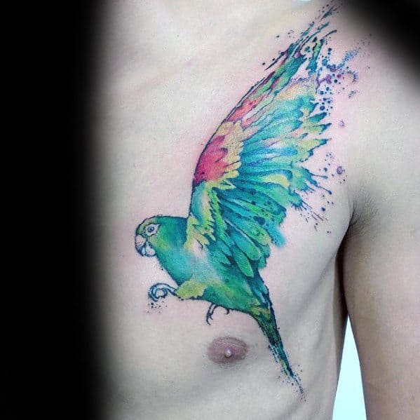 Remarkable Chest Watercolor Parrot Tattoos For Males