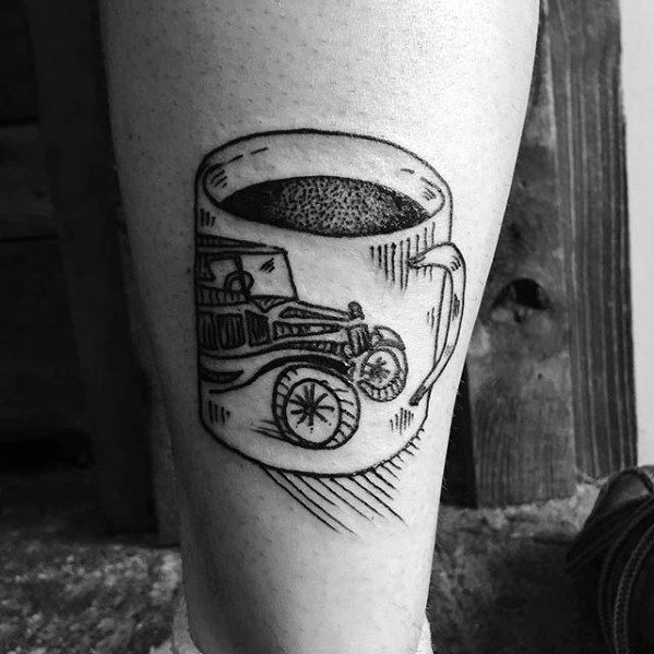 Remarkable Coffee Cup With Vintage Automobile Leg Tattoos For Males