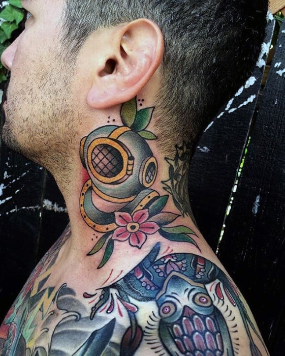 Remarkable Diving Helmet Old School Neck Tattoos For Males