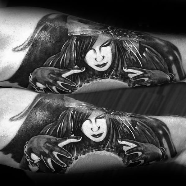 Remarkable Fortune Teller Black And Grey In Shaded Outer Forearmcrystal Ball Tattoos For Males