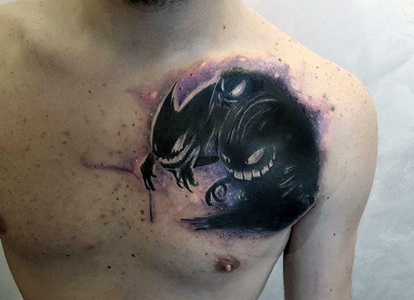 Dark and moody chest tattoo of Gastly, Haunter, and Gengar with shadowy silhouettes and purple mist, creating an eerie and mysterious vibe.