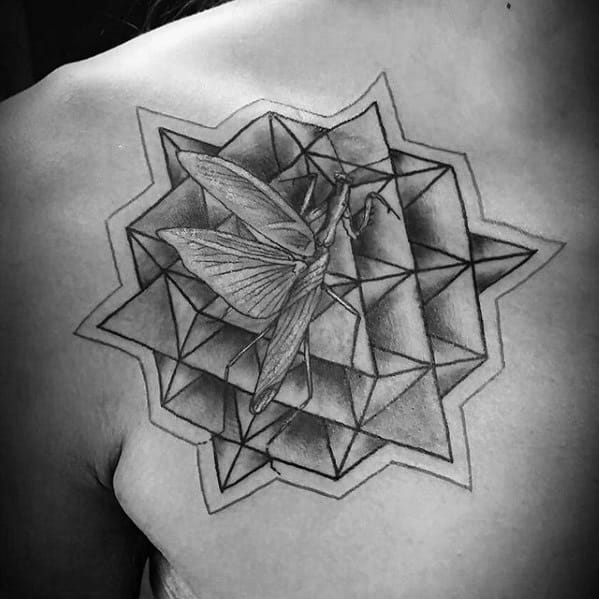 Remarkable Geometric Chest Praying Mantis Tattoos For Males