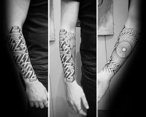 Remarkable Geometric Forearm Sleeve Maze Tattoos For Males