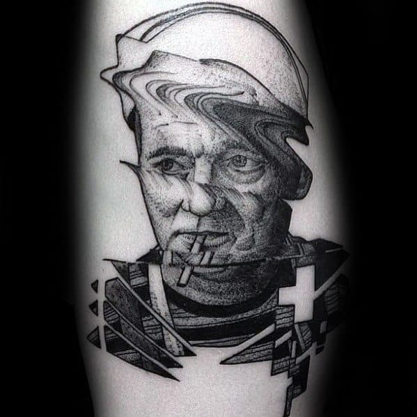 Glitch tattoo of a sailor smoking a cigarette, with wave-like distortions across the head and pixelated, fragmented shapes in the clothing