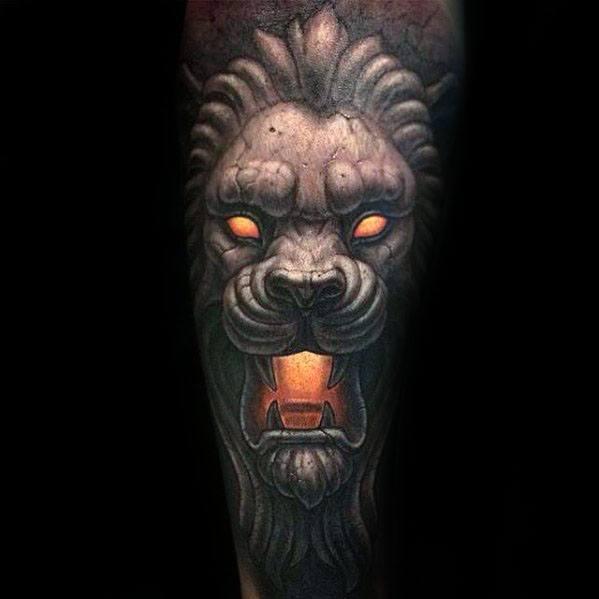 Remarkable Glowing Orange 3d Forearm Sleeve Lion Statue Tattoos For Males