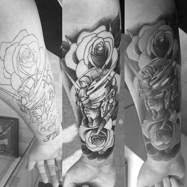 Remarkable Gundam With Rose Flowers Tattoos For Males Shaded Forearm Sleeve