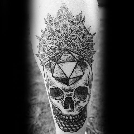 Dotwork skull tattoo with an icosahedron on the forehead, radiating intricate geometric patterns upward for a bold, surreal design.