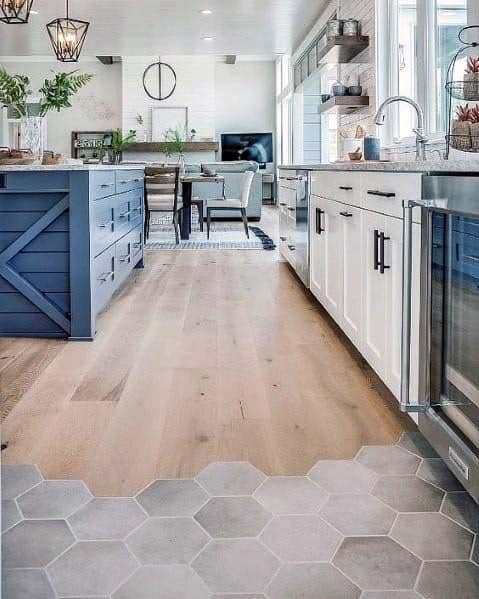 hexagon tiles and wood combination