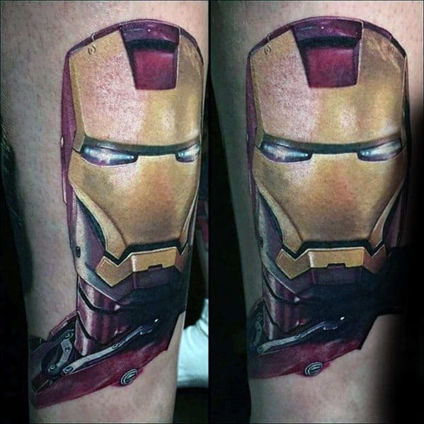 Iron Man tattoo featuring a vibrant, detailed portrait of his helmet with precise shading and bright colors, capturing the essence of his iconic armor.